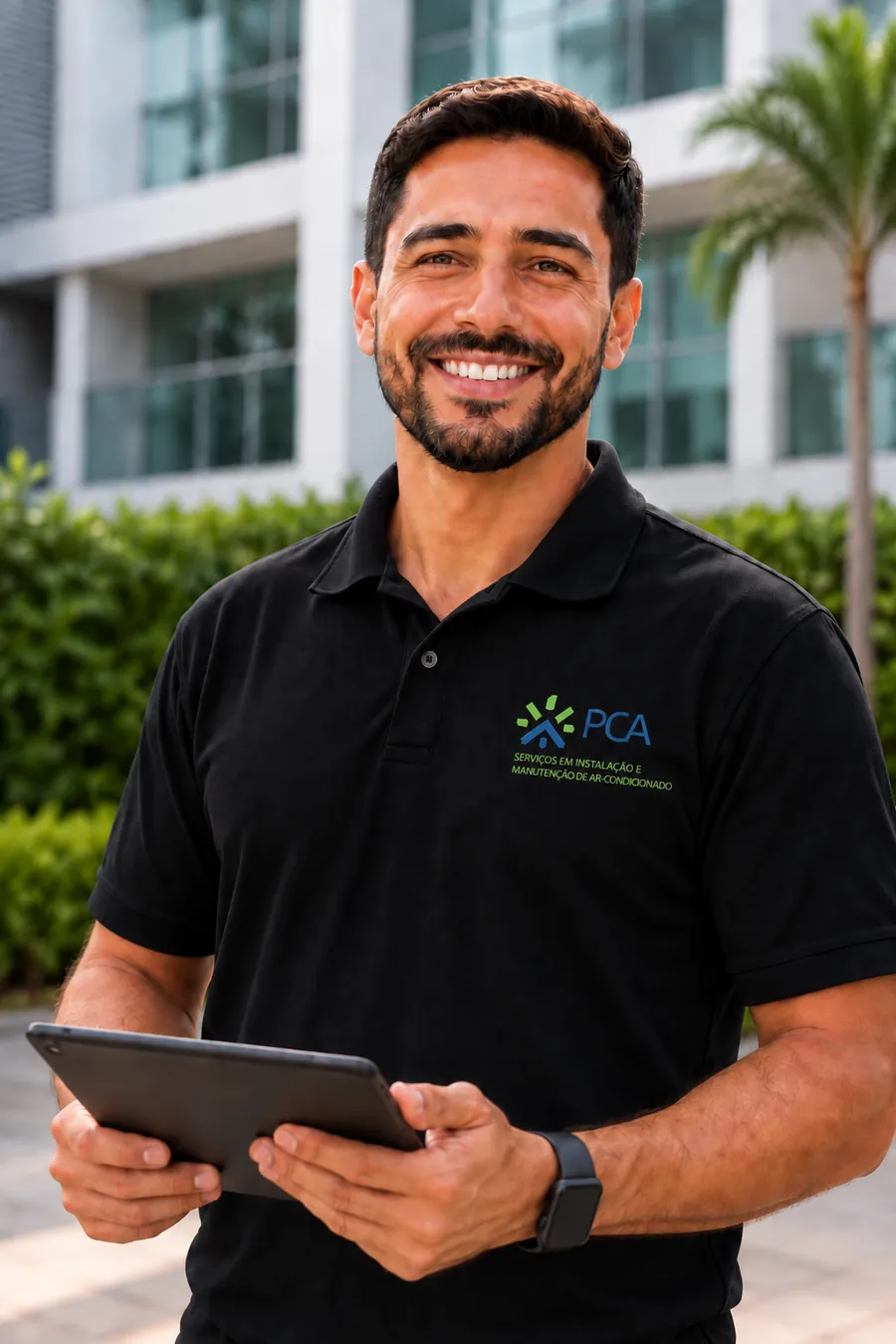 Técnico da PCA com tablet em frente a um prédio comercial
